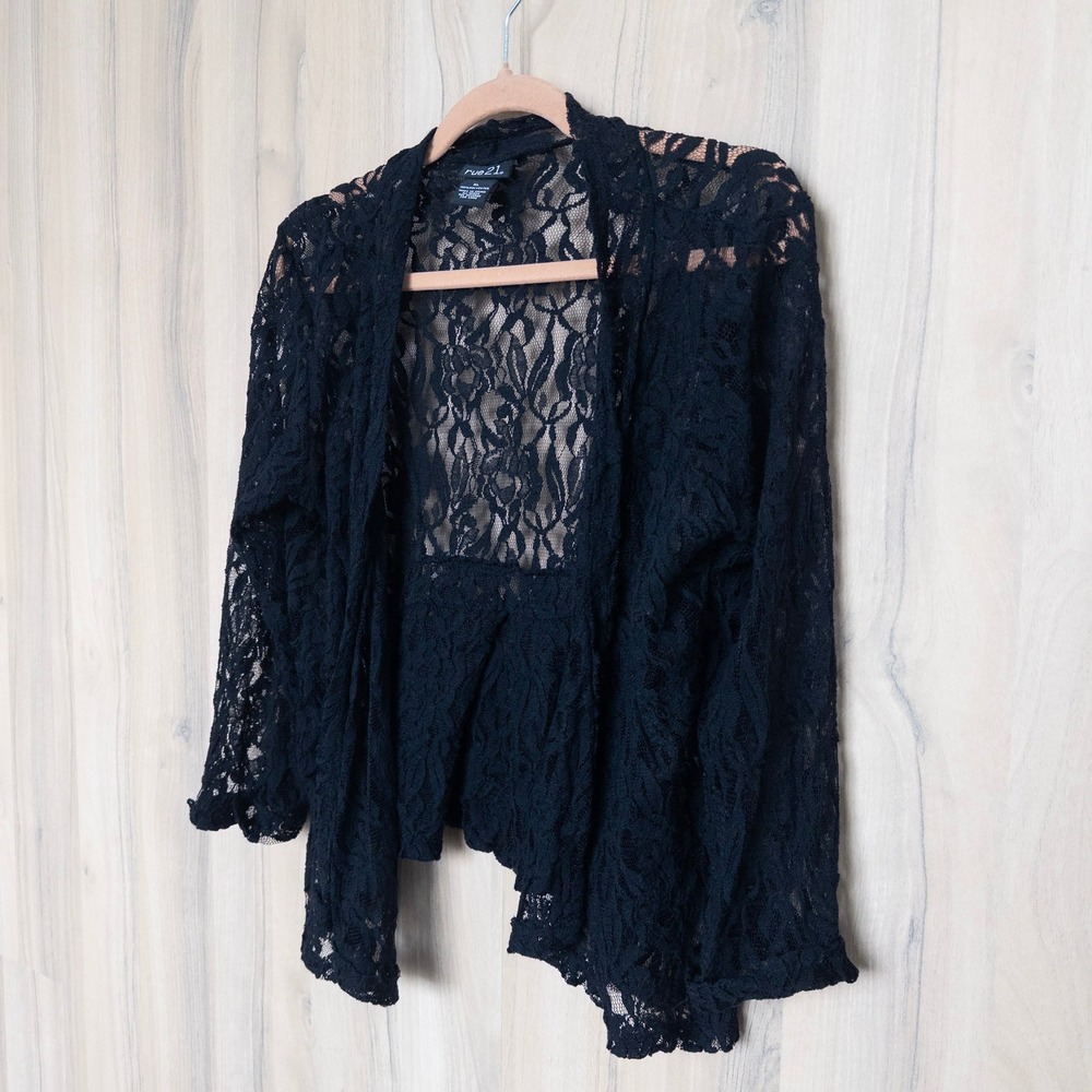 Y2K rue21 Lace Sheer Cardigan XL Black Floral Open Front Layer Whimsigoth Witchy
